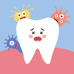 Caries tooth with bacteria cartoon in flat design. Dental cavity problem.