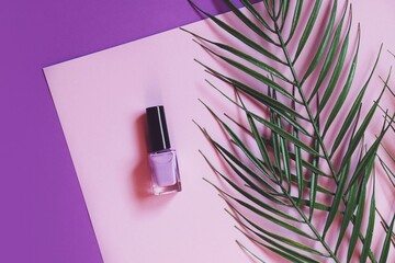 Delicate lilac nail polish, beautiful color for a professional manicure. Flat lay beauty photography