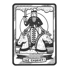 Obraz premium Tarot playing card chariot sketch engraving vector illustration. T-shirt apparel print design. Scratch board imitation. Black and white hand drawn image.