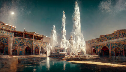Eastern landscape of the palace complex with a fountain at sunset. Oriental, Arabic arches and architecture, Arabic patio. 3D illustration.
