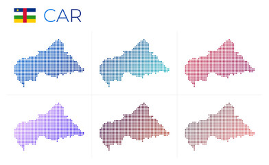 Fototapeta na wymiar CAR dotted map set. Map of CAR in dotted style. Borders of the country filled with beautiful smooth gradient circles. Captivating vector illustration.