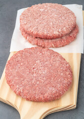 Raw meat hamburger over wooden board