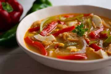Minorcan soup. Traditional soup recipe from the island of Menorca with peppers and bread.