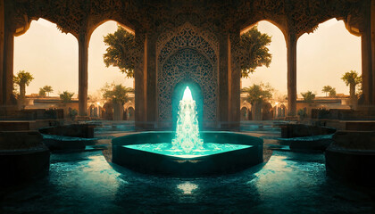 Eastern landscape of the palace complex with a fountain at sunset. Oriental, Arabic arches and architecture, Arabic patio. 3D illustration. - obrazy, fototapety, plakaty