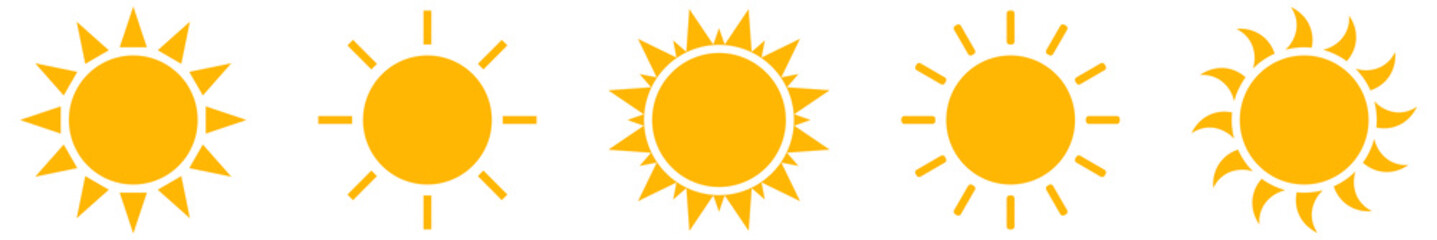 Flat icon with yellow sun on white backboard. Summer vector illustration. 