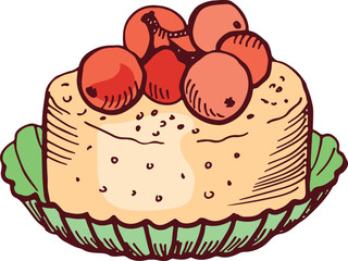 Red berry dessert. Cream pudding color doodle