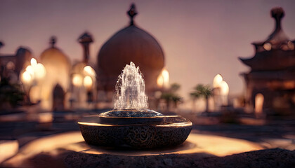 Naklejka premium Eastern landscape of the palace complex with a fountain at sunset. Oriental, Arabic arches and architecture, Arabic patio. 3D illustration.