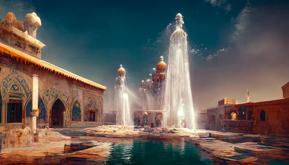 Deurstickers Oostelijk landschap van het paleiscomplex met een fontein bij zonsondergang. Oosterse, Arabische bogen en architectuur, Arabische patio. 3D illustratie. © MiaStendal