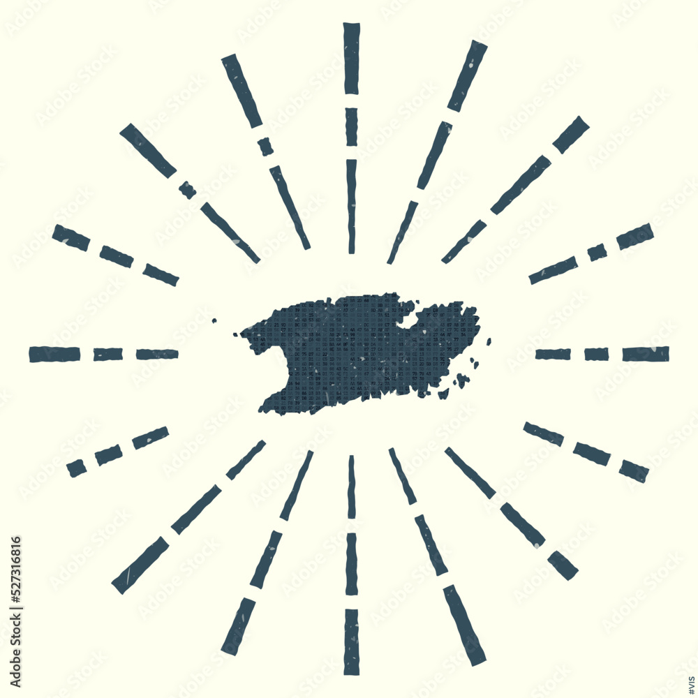 Poster grunge sunburst poster with map of the island. shape of vis filled with hex digits with sunburst ray