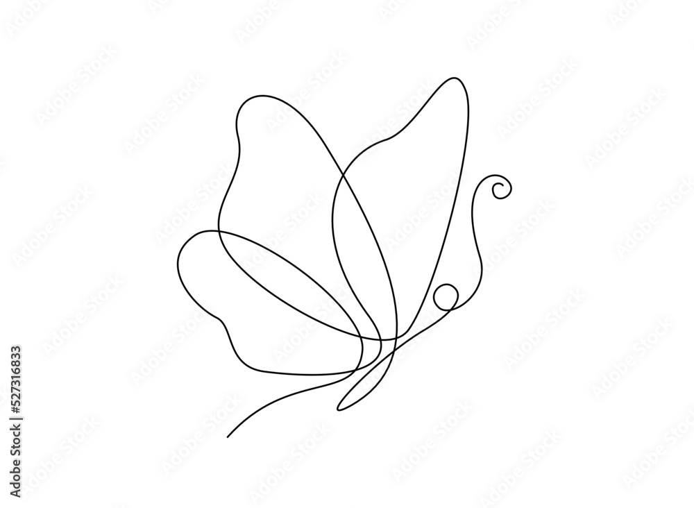 Poster butterfly in one continuous line drawing. beautiful flying moth for wellbeing beauty or spa salon lo