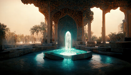 Eastern landscape of the palace complex with a fountain at sunset. Oriental, Arabic arches and architecture, Arabic patio. 3D illustration. - obrazy, fototapety, plakaty