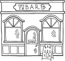 Bar exterior sketch. City architecture. Building facade