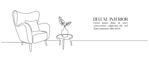 One continuous line drawing of armchair and lamp and potted plant. Modern rustic furniture for living room interior in simple linear style. Editable stroke. Doodle Vector illustration.
