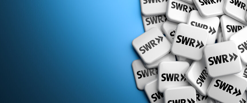 Logos of the German Regional Public Broadcaster "S&uuml;dwestrundfunk" SWR (Southwest Broadcasting) for the German states Baden-W&uuml;rttemberg and Rhineland-Palatinate on a heap.