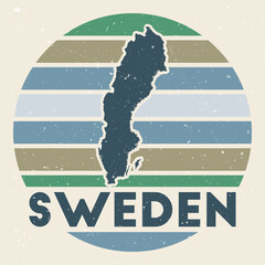 Sweden logo. Sign with the map of country and colored stripes, vector illustration. Can be used as insignia, logotype, label, sticker or badge of the Sweden.
