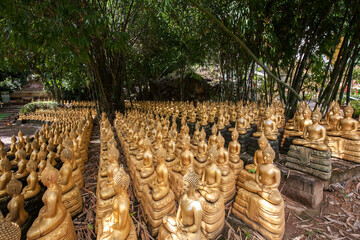 Hundreds of golden Buddha images alongside religious structures and site at Sinxayaram Temple in Feuang district of Vientiane in Laos