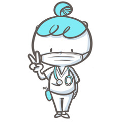 マスクをしてピースサインの看護師　白衣バージョン