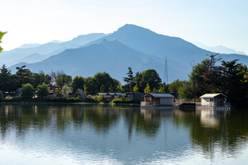 mountainous landscape at the lake shore