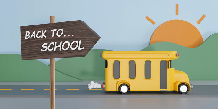 Back to school education background concept and school bus. 3D render illustration with clipping path
