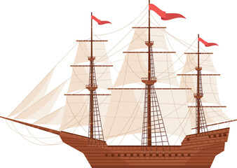 Ancient sailing ship. Wooden deck caravel color icon