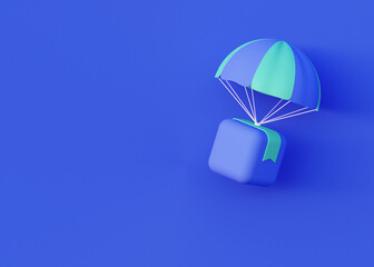 3d box with parachute. Fast express delivery. Transport, air transportation, In a minimalist style on a blue background. 