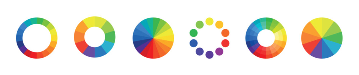 Color wheel guide. Vector isolated elements.Wheel colour spectrum. RGB and CMYK colors. Circle palette. Multicolored circle flat template. Set of different color circles isolated.