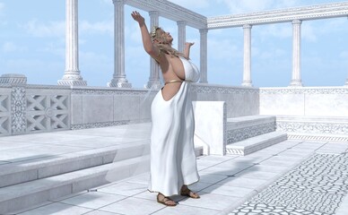 Greek Goddess Among Ruins in Sunlight