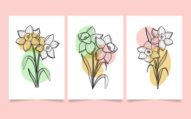 Daffodil flower line art poster template set
