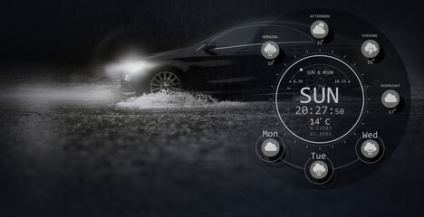 Multiexposure of blurry black car run through flood water during hard rain fall at night and...