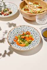Healthy food - vegetable salad with cucumber and carrot in ceramic bowl on sunny day. Vegetarian salad with greens and vegetables. Vegan food. Vegan menu. Rustic Green salad with carrot and cucumber.