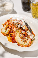 Italian cuisine - seafood pasta with shrimp and mussels in tomato sauce. Pappardelle with seafood and marinara sauce on summer day. Fine dining. Seafood pasta with langoustine and mussels.