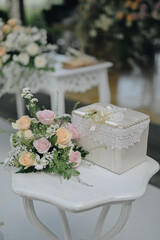 Wedding ceremony with pink orange white accent theme and flowers. In the sunny day. Clear Sky. Aisle seat. 