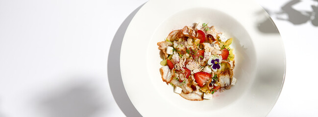 Elegant salad with smoked eel, strawberry and avocado on white table with harsh shadows. Eel salad with berries on white background with shadows of leaves. Romantic dining with fish appetizer.