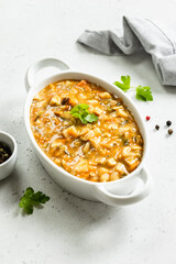 Vegetable mushroom stew. Top view, copy space, flat lay.