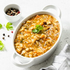 Creamy mushroom stew. Top view, copy space, flat lay.
