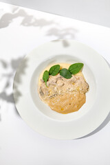 Traditional russian food - beef stroganoff with mushroom sauce and mashed potatoes. Beef stroganoff in white plate on light background with hard shadows. Stew meat with creamy sauce on summer menu.