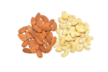 Almond and cashew nuts isolated on white background