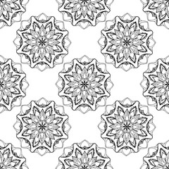 a pattern in the form of a round mandala. Ethnic Seamless Floral Contour Pattern Round Stylized Mandala flowers with Isolated, Black Line on White for Pattern Design, textiles, Tiles, background