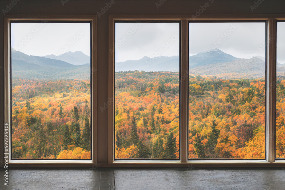Poster 3d render digital art painting of autumn outside the window with selective focused and blurred