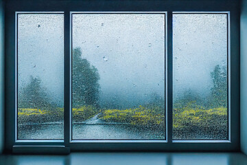 3D Render digital art painting of raining outside the window with selective focused and blurred