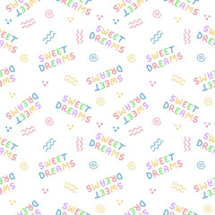 seamless pattern children's star with a rainbow tail, multi-colored inscription text sweet dreams, geometric symbols, transparent background
