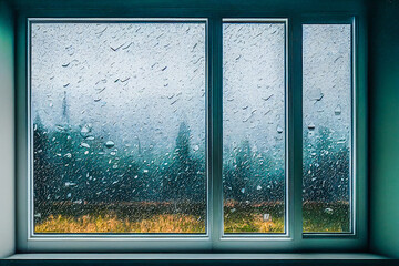3D Render digital art painting of raining outside the window with selective focused and blurred