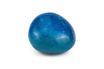 A polished piece of the blue agate mineral with light inclusions on the surface