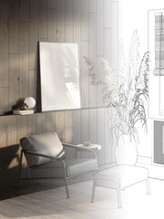 Sketch becomes a room with a blank vertical poster on a shelf next to a dark wooden wall panel, a coffee table next to a black leather armchair with a footstool, cornflowers near the window. 3d render