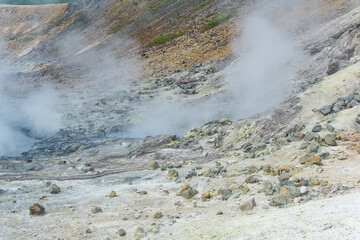 boiling and steaming hydrothermal outlet on the shore of the hot lake in the caldera of the Golovnin volcano on the island of Kunashir