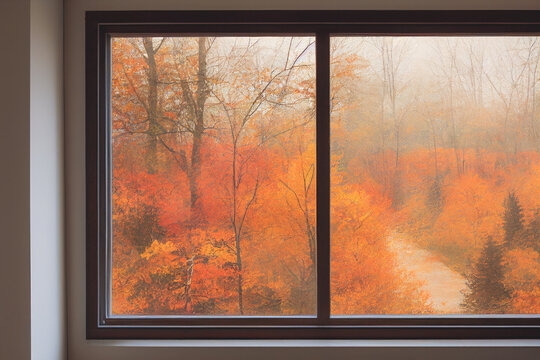 3D Render digital art painting of fall outside the window with selective focused and blurred.