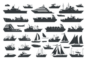 Cartoon ships, sea travel boats and sailboats silhouettes. Industrial and commercial sailing ships, motorboats and fishing trawlers flat vector illustrations collection. Shipping boats silhouettes - obrazy, fototapety, plakaty