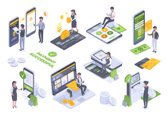 Isometric electronic cashier terminal, online payments service. Mobile payments, ATM and online money transfer vector illustration set. Internet cashier payments