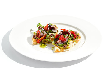 Tapas with avocado cream, anchovy, paprika and kalamata olives on focaccia. Bruschetta with guacamole and anchovy isolated on white background. Appetizer contemporary concept. Fish antipasti.