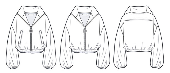 Unisex Crop Sweatshirt technical fashion Illustration.  Oversize zip-up Jacket fashion flat technical drawing template,  front and back view, white colour, women, men, unisex CAD mock-up, set. © Liubov Hladka